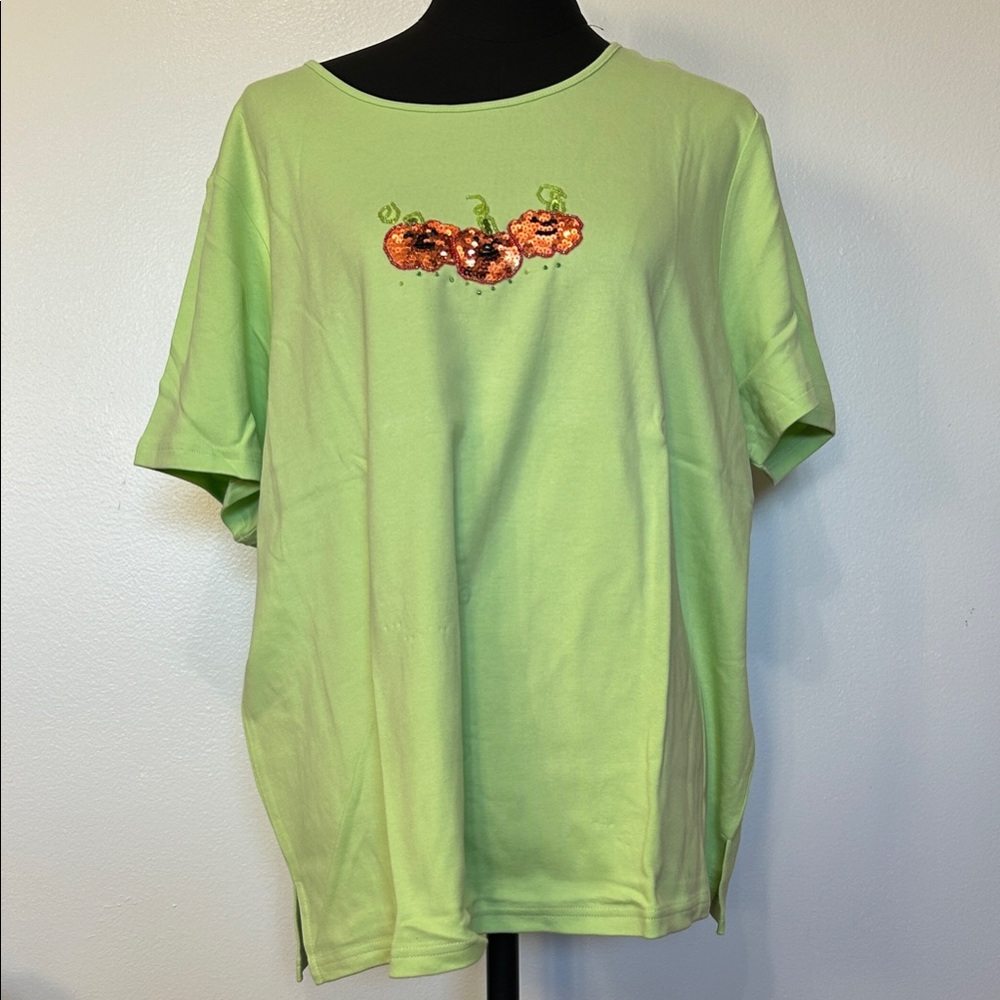 Quacker Factory Lime Top with Pumpkin Sequins